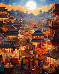 Fantasy Landscape of ancient Chinese town in the evening. Illustration