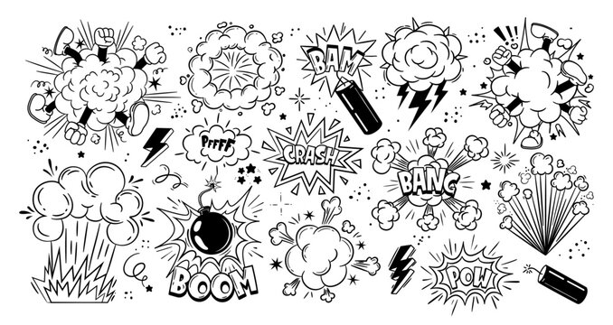 Comic bomb explosion. Cartoon brawl cloud with feet and legs. Speech explode bubbles, circle burst with bam, pow, boom, crash and bang for comic books. Vector set