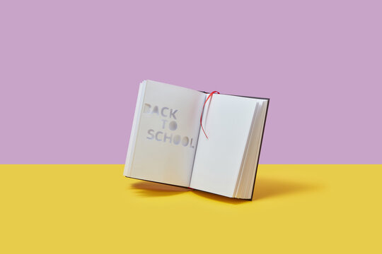 Notebook with phrase Back to school cut out in page.