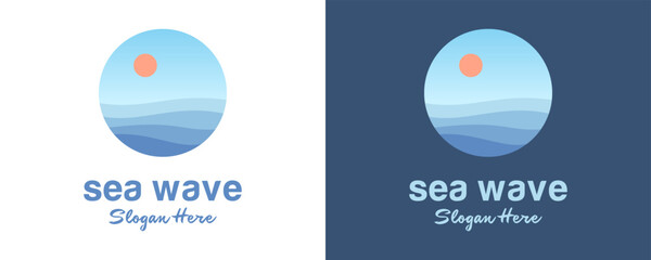Beach or coast logo design in simple sun and ocean shape - obrazy, fototapety, plakaty