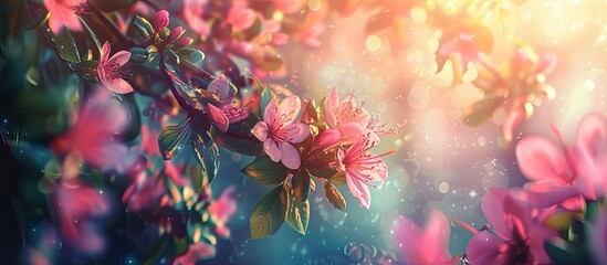 A close-up view of a cluster of blooming flowers on a tree branch, with vibrant colors and different stages of blooming showcased. The background features a blurred abstract floral scene.