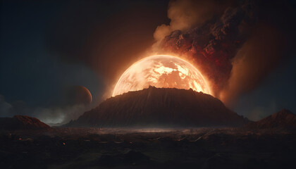 an image of an earth burning with a large explosion - obrazy, fototapety, plakaty