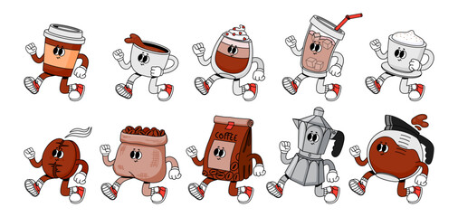 Coffee character. Vintage cute cups with drink for breakfast. Cartoon walking mug beverage and beans for coffee shops, cafe, cafeteria. Mascot caffeine espresso maker. Vector set