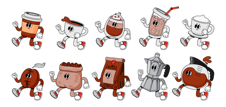 Coffee character. Vintage cute cups with drink for breakfast. Cartoon walking mug beverage and beans for coffee shops, cafe, cafeteria. Mascot caffeine espresso maker. Vector set