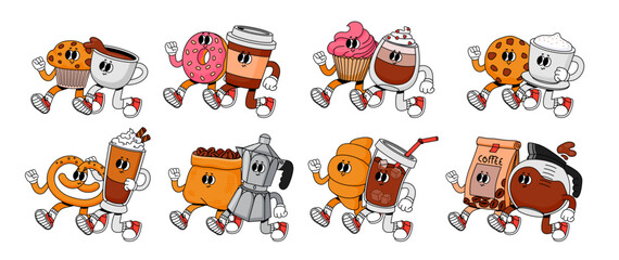 Coffee and sweets couples. Cartoon retro 70s breakfast pair in coffee shop and cafe. Mascot happy character drink. Espresso with cupcake, mug cappuccino and cookie. Vector set