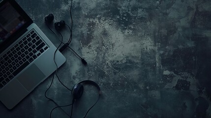 Aesthetic top view of a laptop and earphones on a textured background, emphasizing modernity and style.