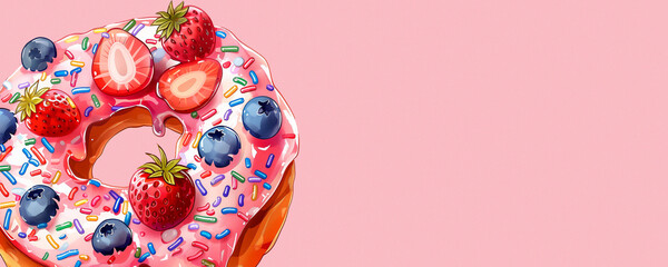 Pink doughnut with berries, sprinkled on a pink background. For the design.