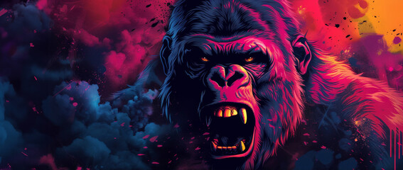 Intense illustration of an enraged gorilla amidst a vibrant explosion of red and blue hues, symbolizing raw power