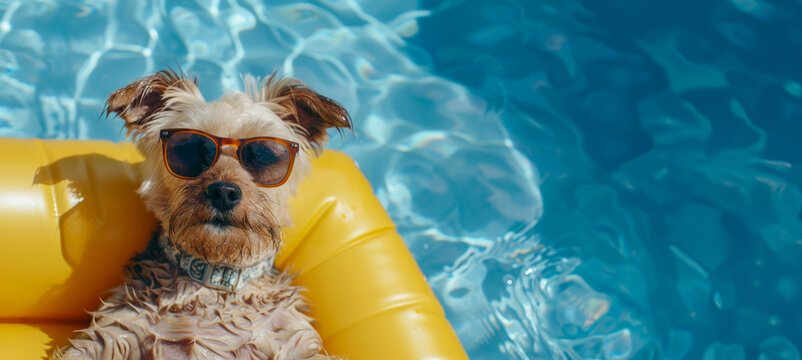 Summer Chill: Adorable dog lounging on a yellow float in the pool, wearing stylish sunglasses under the sunny sky
