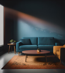 Interior of modern living room with blue sofa and coffee table. 3d render