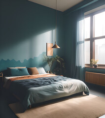 Interior of modern bedroom with blue walls, concrete floor, comfortable king size bed and two posters hanging above it. 3d rendering