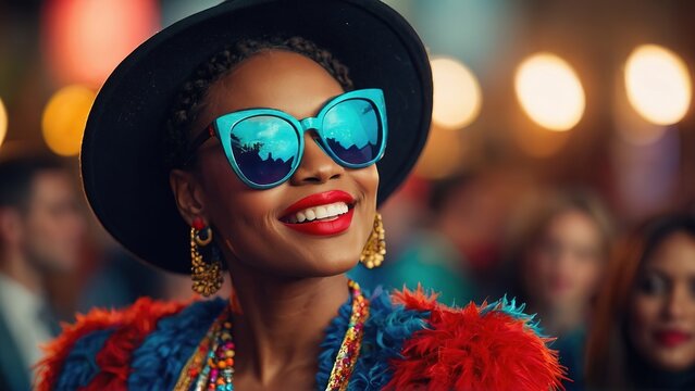 Vibrant Fashion Show A Black Woman Wearing Glasses And Hats