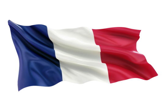 Majestic French flag waving against a pure white background, symbol of national pride