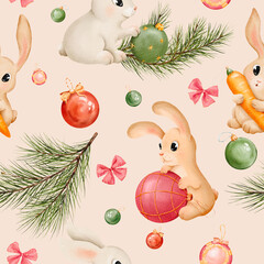 Seamless pattern. Pink background. Bunny and rabbit with Christmas toys watercolor set. Hand drawn animals in different color. hare illustration element. Cute characters for Christmas, New Year.Green