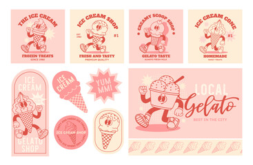 Cartoon ice cream. Comic retro happy walking mascot gelato. Vintage funny cone, nice freeze sweets stickers and card. Character ice cream scoop for cafe, shop. Vector set © Foxy Fox