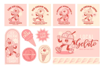  Cartoon ice cream. Comic retro happy walking mascot gelato. Vintage funny cone, nice freeze sweets stickers and card. Character ice cream scoop for cafe, shop. Vector set © Foxy Fox