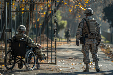 An army soldier helps a military soldier in a wheelchair at the gate on a sunny day