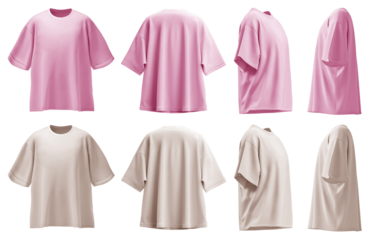 2 Set of pastel light pink beige oversized loose Drop Shoulder tee t shirt round neck front, back and side view on transparent background cutout, PNG file. Mockup template for artwork graphic design