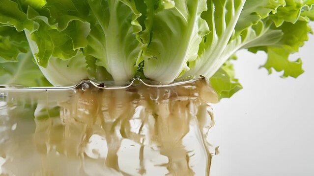 A closeup of a hydroponicallygrown lettuce head showcases its crisp and vibrant green leaves. The roots of the plant can be seen hanging in a nutrientrich water solution with
