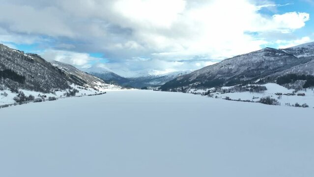 Massive Oppheimsvatnet lake during winter, Aerial Voss Norway