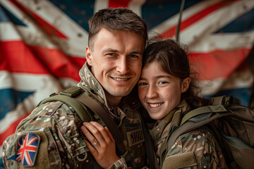 Military Man and Woman Posing in Front of British Flag - obrazy, fototapety, plakaty
