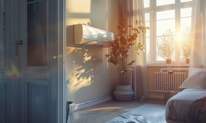 air heat or cool conditioner at home in sunny backlight.