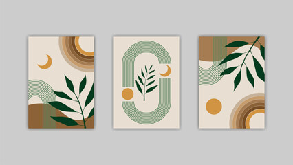Minimalist wall art set. Contemporary posters with geometric shapes in style boho. Collection wall prints for home decor in pastel colors. Vector illustration. Design for print poster, cover.