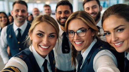 Group of pilot selfie in airport - obrazy, fototapety, plakaty