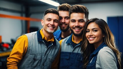 Group of mechanic team selfie in garage - obrazy, fototapety, plakaty