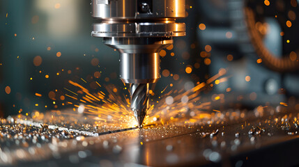 Metalworking CNC milling machine. Cutting metal modern processing technology. Small depth of field. . generative ai