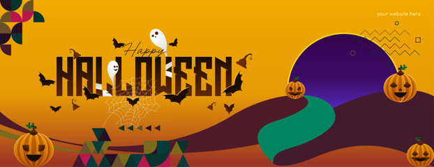 Happy Halloween banner in geometric style. Happy Halloween cover with pumpkins, spider webs and typography. Suitable for posters, greeting cards and party invitations for Halloween celebrations