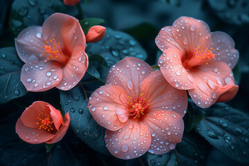Bright Coral Flowers Under Gentle Rain