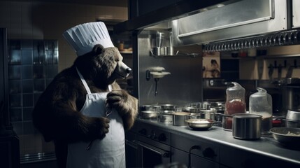 Bear chef cooks preparing food in restaurant kitchen. Animal chef - obrazy, fototapety, plakaty