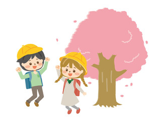 Obraz na płótnie Canvas 桜の木の前で入学を喜ぶ男女の小学生