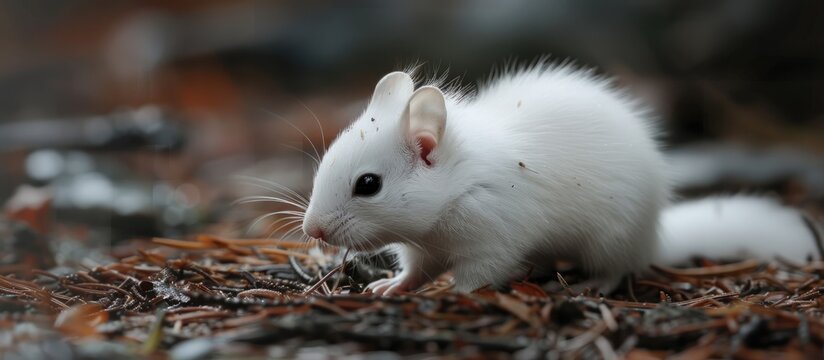 A small white mouse is perched on a mound of fallen leaves. The mouse appears calm and curious, exploring its surroundings. The contrast between the mouses white fur and the earthy leaves creates a