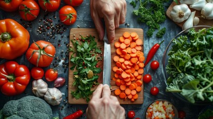 Vegetables, hands and person with knife and carrot cut and for cooking lunch and nutrition diet at home. Wellness, health and organic food with meal, vegetarian and ingredients for salad in a kitchen  - obrazy, fototapety, plakaty