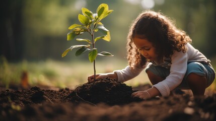 A little girl Plants a tree, a bush in the park for landscaping nature. Earth Day, volunteering,...