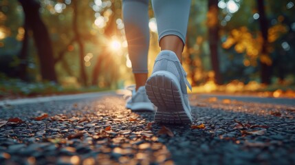 Fitness, shoes and running woman in park closeup for training, exercise or wellness outdoor. Workout, sneakers and legs of female runner in nature for morning cardio, sports or marathon run routine