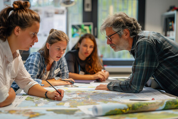 Colleagues discussing world map drawings on an environmental theme at the office table
