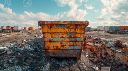 Recycle, scrap and rust on skip in junkyard for sorting, garbage and metal reuse at landfill site. Steel, iron and industrial bin for truck transport with urban pollution at waste dump with machine