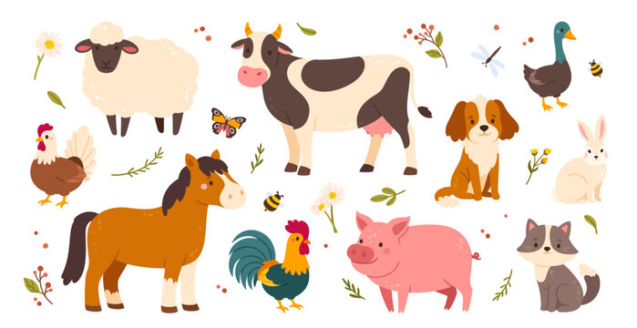 Cute farm animals. Funny cartoon domestic mammals and birds. Rural cattle and poultry. Village pet. Nice pig, cow, cat, dog, duck, chicken, horse. Vector collection