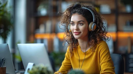 Foto op Canvas Help desk, call center and woman with telemarketing, agent and communication with headphones. Crm, person and insurance consultant with headset and customer support with advice and technical service © Алексей Василюк