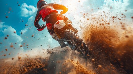 Rear view, racer and motorcycle in action for competition on dirt road with performance, challenge and adventure. Motocross, motorbike or dirtbike driver with jump stunt on offroad course for racing 
