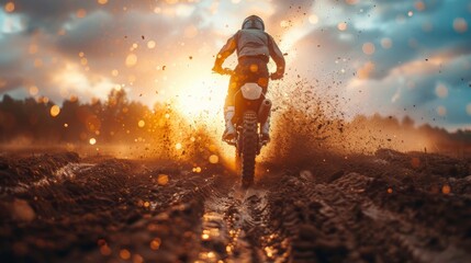Rear view, racer and motorcycle in action for competition on dirt road with performance, challenge and adventure. Motocross, motorbike or dirtbike driver with jump stunt on offroad course for racing