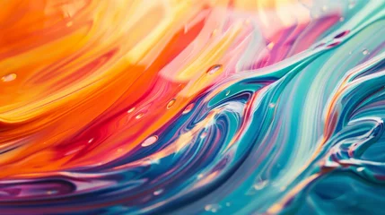 Rolgordijnen Abstract waves of color merging and separating in a rhythmic dance, painting a mesmerizing picture on a minimalist canvas. © The Image Studio