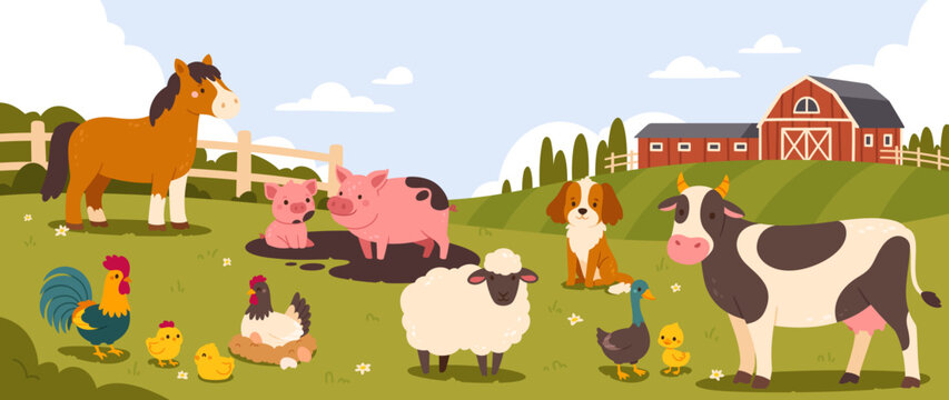 Farm scene with animals. Cartoon farmed landscape with happy domestic birds and animals on meadow. Background with ranch barn and fence. Vector composition
