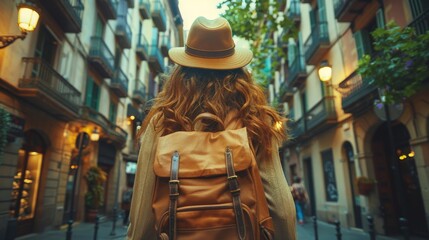 Woman, vacation and back on walk in city with thinking, tourism and direction for adventure in Barcelona. Girl, person and search for location on journey with buildings, road and sidewalk in Spain 