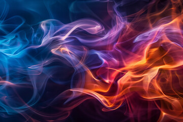 Fototapeta premium Dynamic smoke art with swirling blue, orange and purple patterns on a dark background