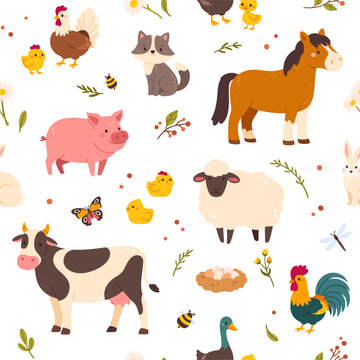 Seamless pattern with farm animals. Cute cow, funny pig, little horse, sheep backgroun. Country barn with farmed pets. Kid print with rural landscape. Vector texture