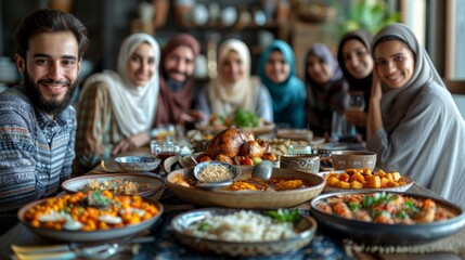 Muslim, family and friends with food or lunch at dining table for eid, islamic celebration and hosting. Ramadan, culture and people eating at religious gathering with dinner, discussion or happiness  - obrazy, fototapety, plakaty